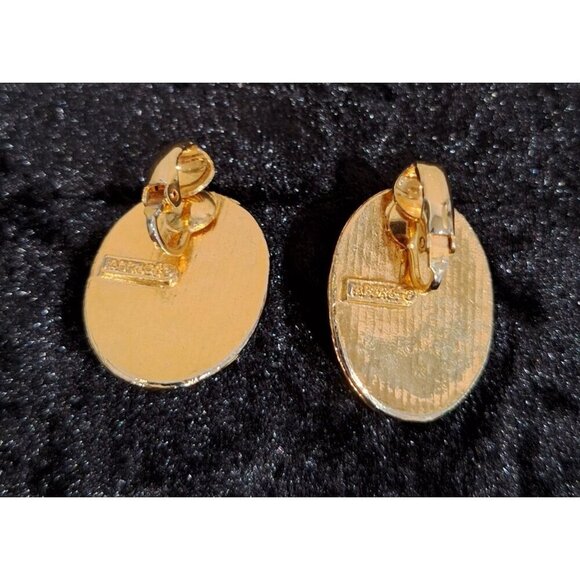 Vintage Faberage' Gold Tone and Black Enamel Faux Pearl Clip-on Earrings - Picture 2 of 2